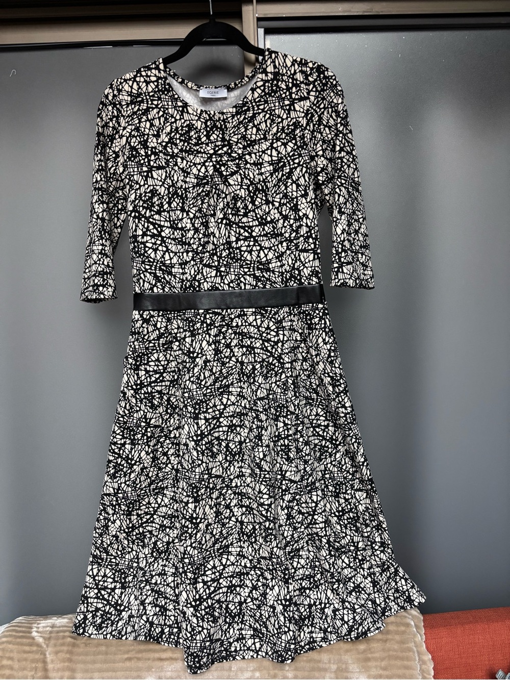 Black & White Graphic Midi Dress with leather-like waist detail